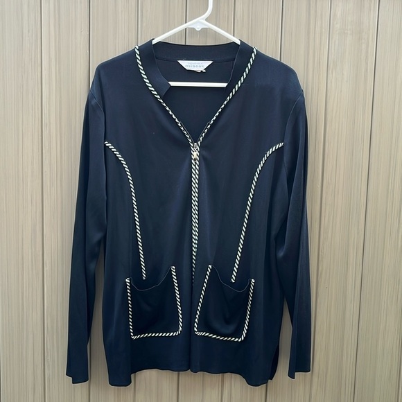 Exclusively Misook Sweaters - Exclusively Misook Black Jacket Sz Large Green Trim Knit Zip Front Cardigan